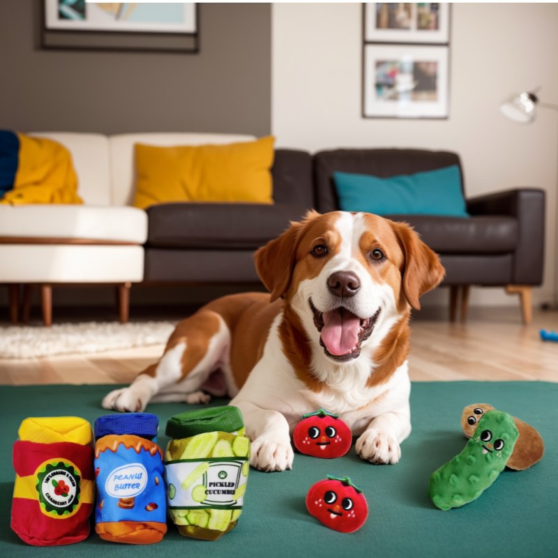 Happy dog with a complete assortment of colorful food-shaped plush pet toys