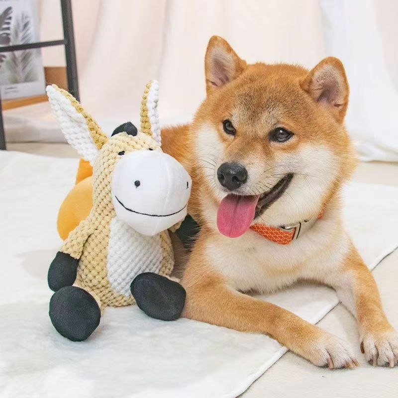 Shiba Inu pictured beside a complete donkey-shaped plush pet toy